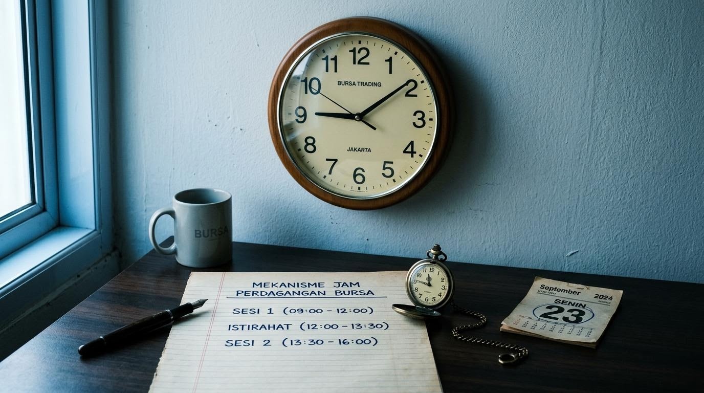 Jam analogue menunjukkan waktu sesi perdagangan bursa