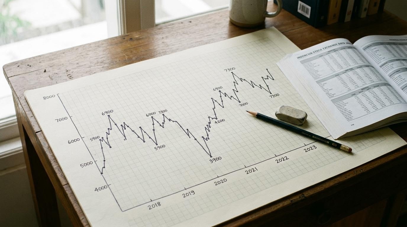 Grafik tangan pada kertas grid menggambarkan pergerakan indeks