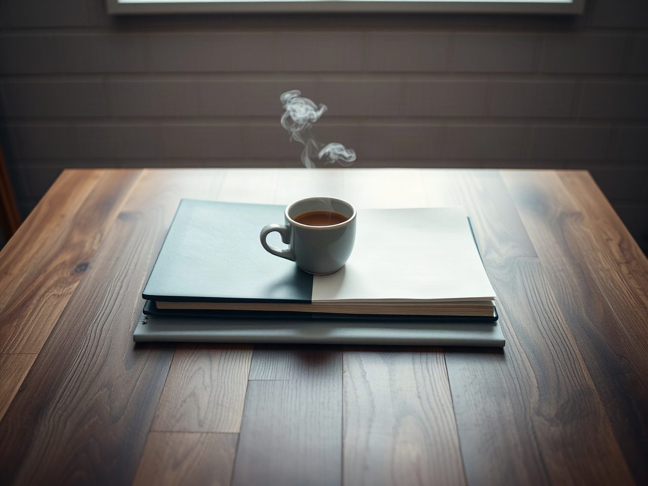 Tavolo di legno con una tazza di caffè fumante, una cartellina chiusa e un blocco di appunti, ripresi a quarantacinque gradi con luce laterale di finestra su piastrelle di cucina